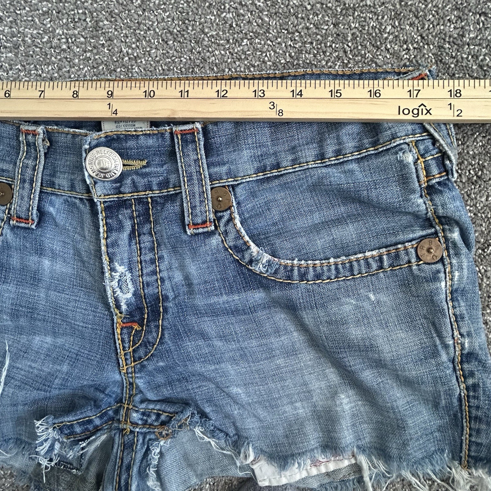 True Religion Women’s Cut Off Jean Shorts - Size 34 -Back Flap Pocket Frayed Hem thumbnail 6