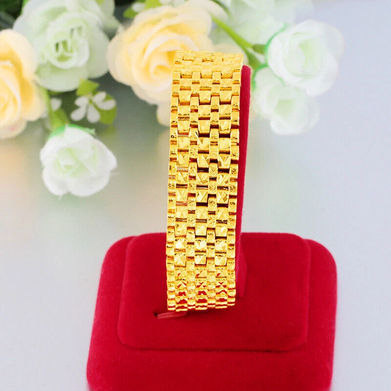 Мужской доминирующий широкий 22K 23K 24K тайский бат желтое золото GP браслет 8,5 дюйма 52g - Изображение 2 из 4