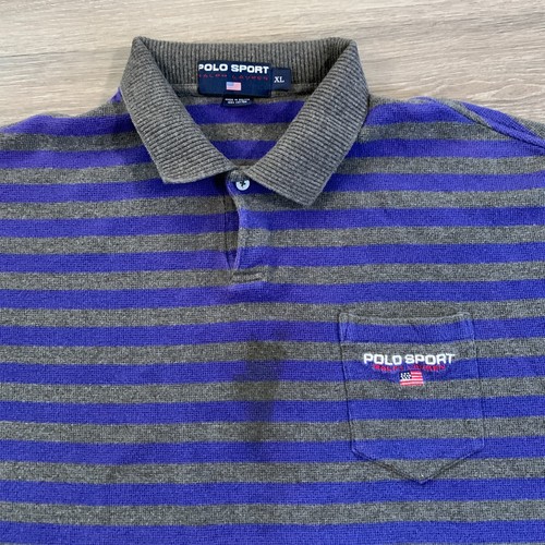 Vintage Polo Sport Ralph Lauren Polo Shirt Mens XL Gray Blue Striped Knit Cotton - Picture 4 of 8
