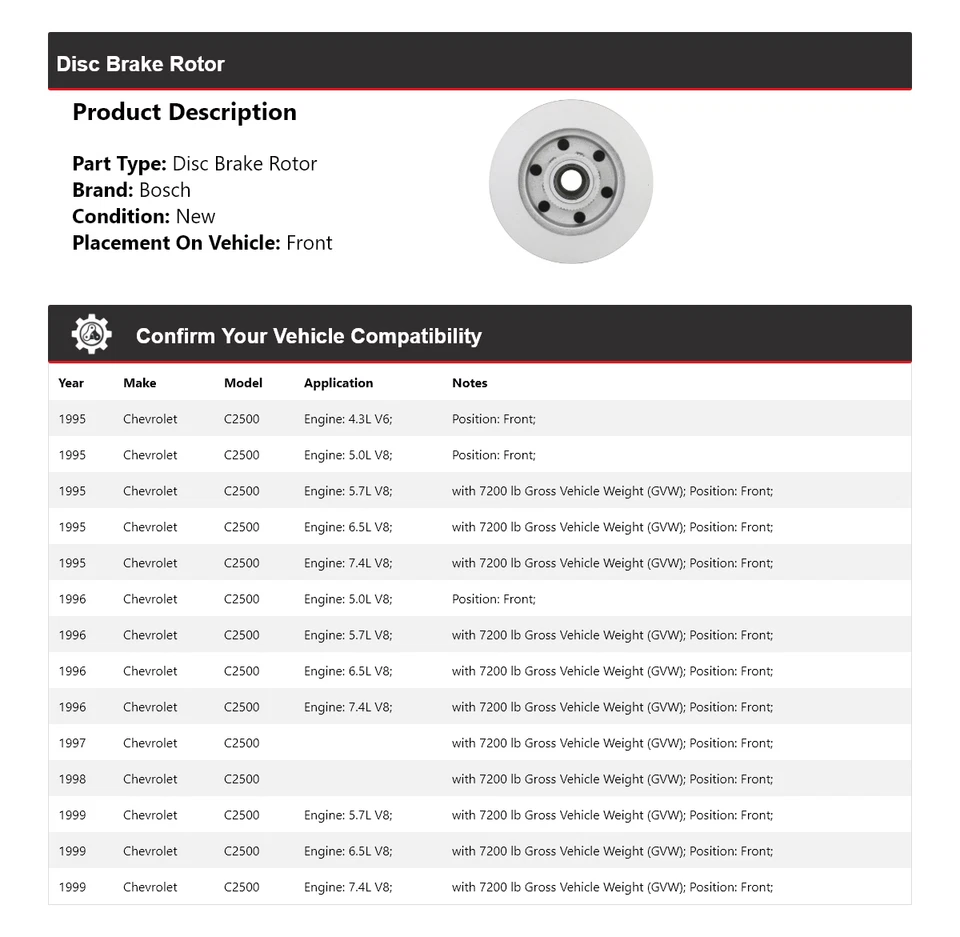Rotor de freno de disco delantero QuietCast Bosch 1995-1999 1996 1997 Foto 2 de 4