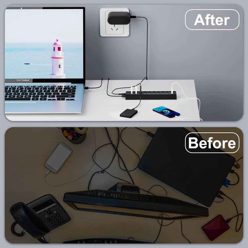 Powered USB Hub 3.0, 10-Port USB Splitter Hub with Individual On/Off Switches an