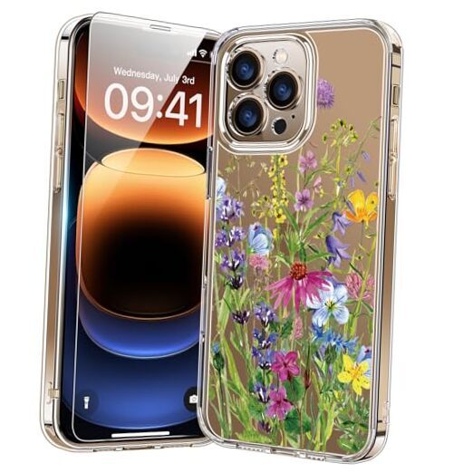 for 16 Pro Case with Screen Protector, Enhanced Camera Blooming Flowers