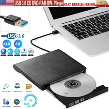 Slim External CD DVD RW Drive USB 3.0 Writer Burner Player Black For Laptop PC