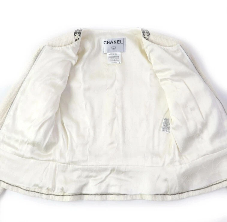 Giacca CHANEL senza colletto perline bianco cotone lino donna taglia 34 Francia