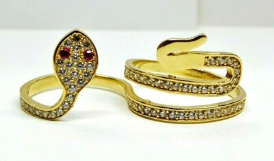 Echter 14K Gelbgold Doppelring Schlange mit Rubinen Größe 8,5 verstellbar Medusa