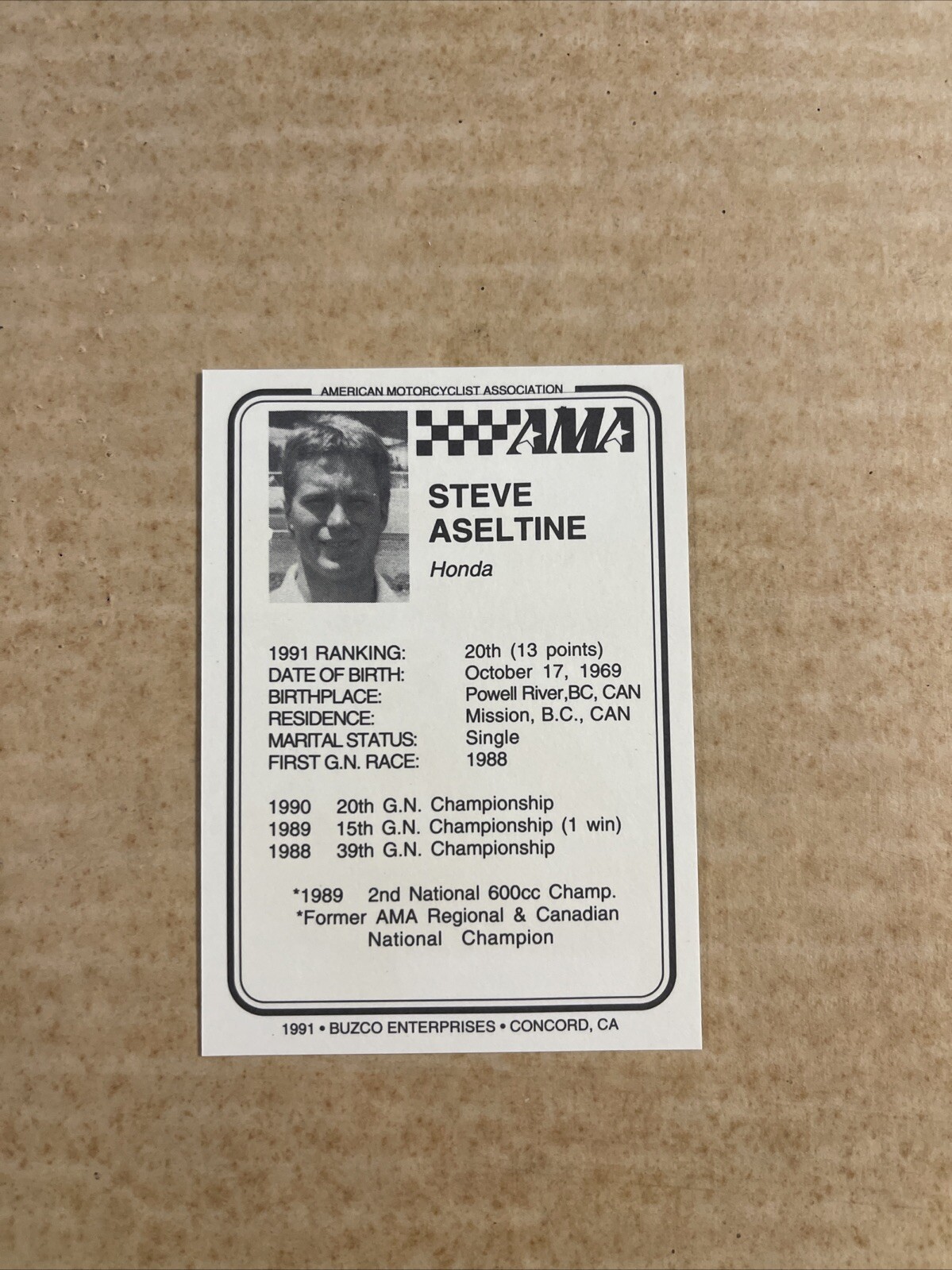 1991 AMA Steve Aseltine Buzco Trak-Pak Flat Track Motorcycle Racing Card