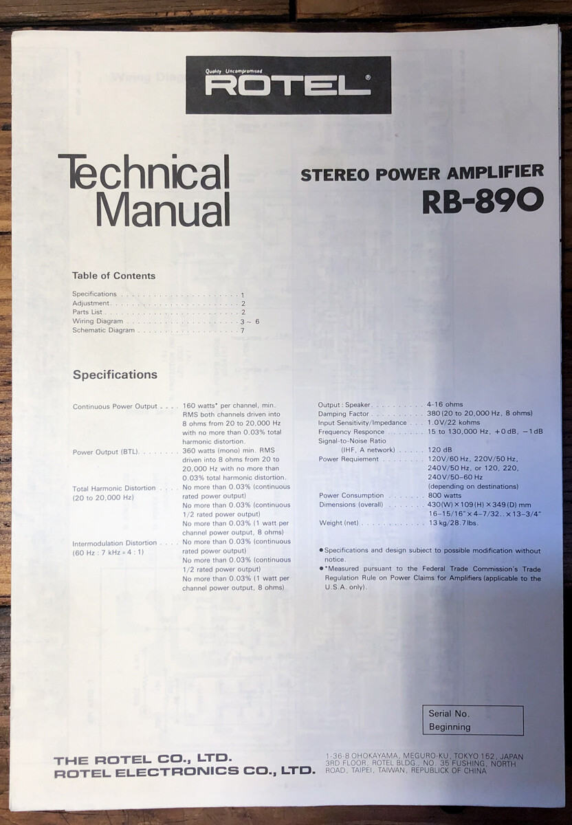 Rotel RB-890 Amplifier  Service Manual *Original*