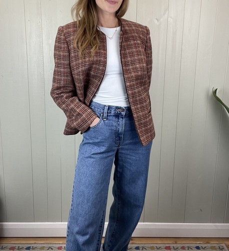 Vintage Gr. M 10-12 braun rosa Tweed Karo Wolle Sakko Blazer Eastex