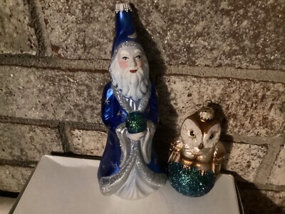 2 x GERMANY LAUSCHA BLOWN GLASS ORNAMENTS - WIZARD & OWL  BY THURINGIAN