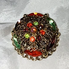 A Vintage Rhinestone Brooch Pin Gold Tone Filigree Boho Domed Artistic As-Is