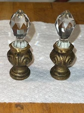 1870s Antique Brass & Crystal Belle Epoch Victorian Finial Topper (Pair)
