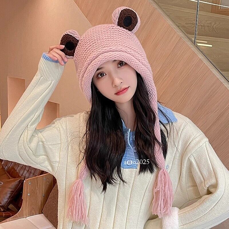 Women Cute Frog Pattern Knit Beanie Hat Warm Crochet Cap Cossack Ski