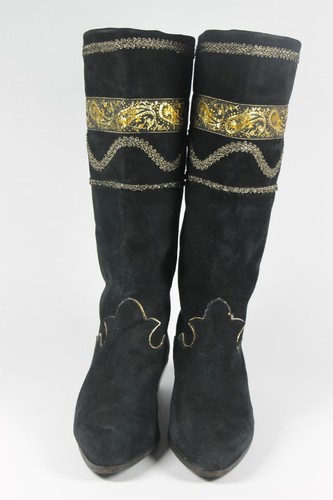 Women's Boots Suede Black Gold Size 4,5 True Vintage 90s - Picture 4 of 10