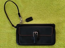 Vintage Coach Black Leather Wristlet w/ Brown Leather Trim Buckle Closure Snap