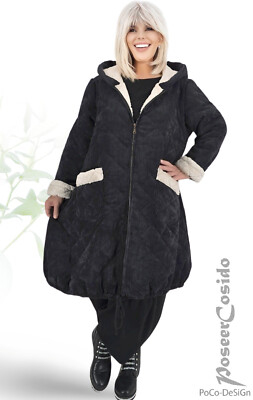 LAGENLOOK Cord Webpelz Mantel-Jacke schwarz 44 46 48 50 52 54 56