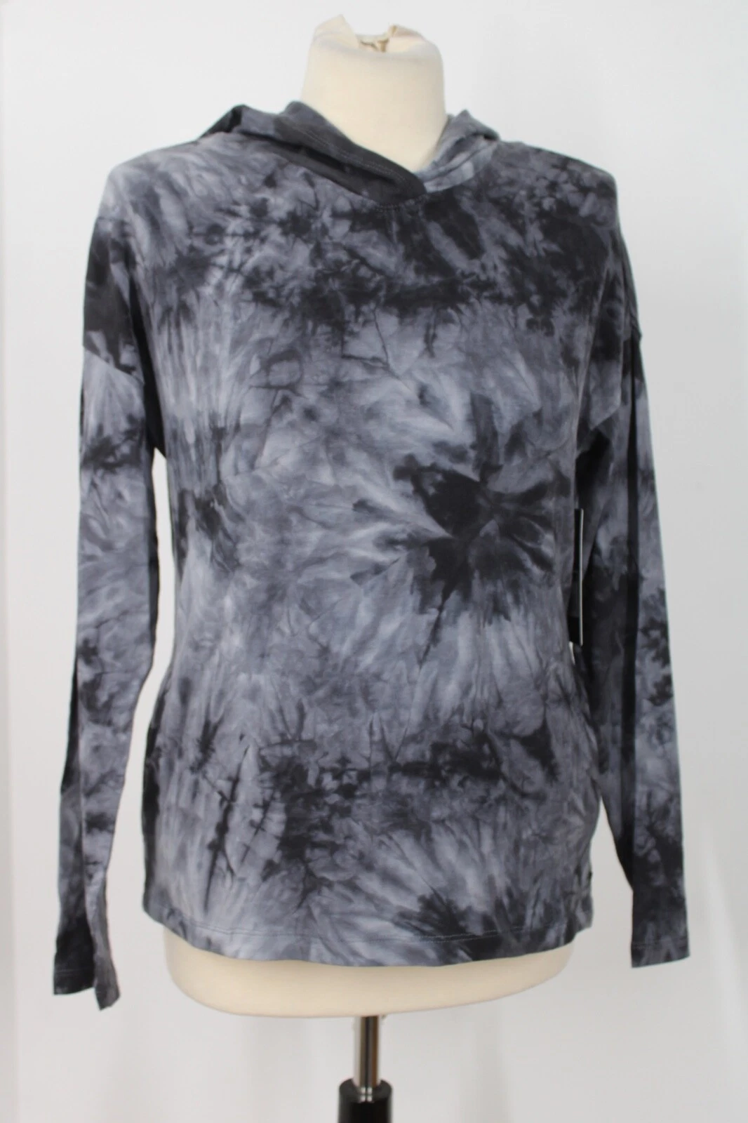 NWT Marika S Gray Black Marble Tie-Dye Hood Long Sleeve Active Top Pockets