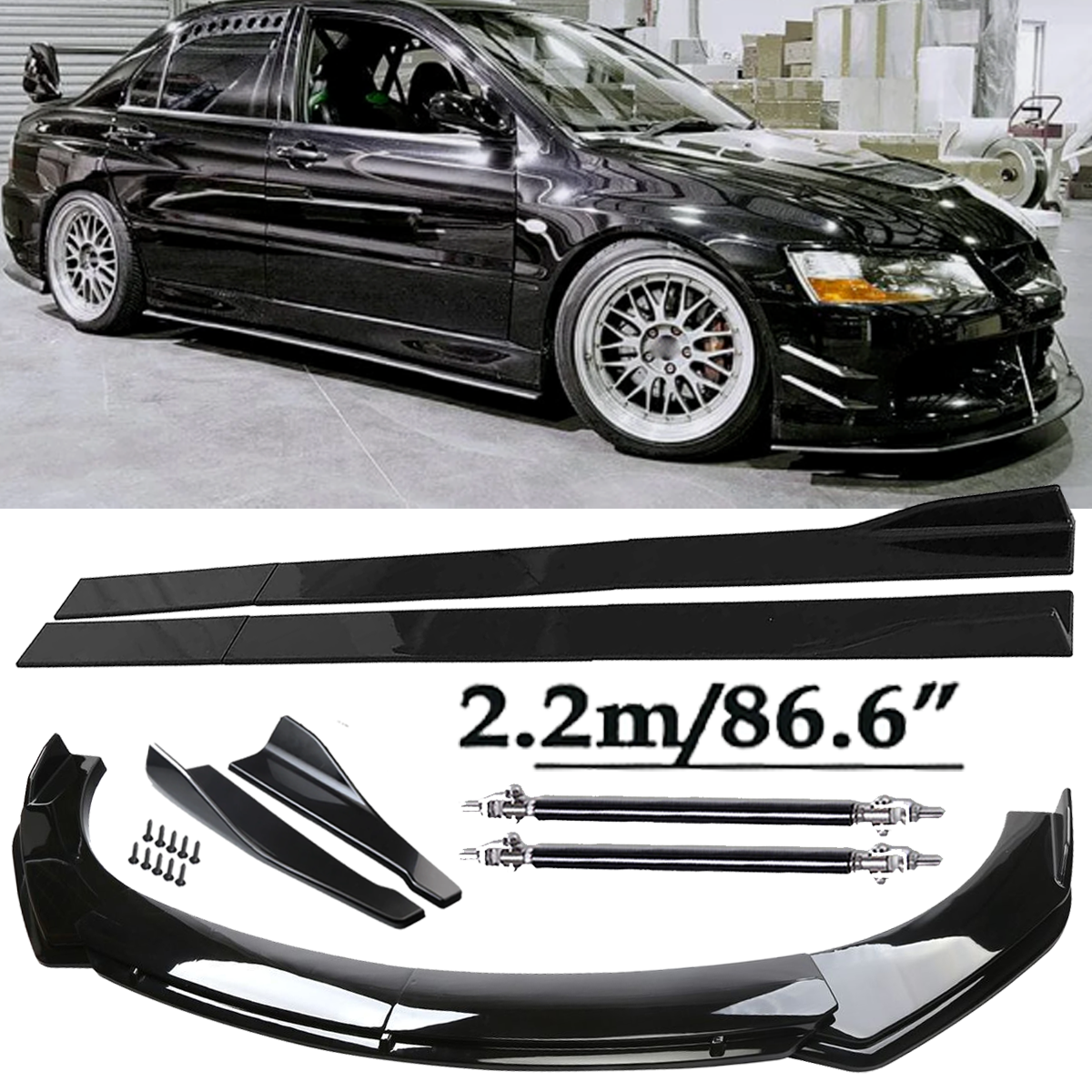 Front Bumper Lip Spoiler Side Skirts Rear Lip Glossy Black For Mitsubishi Lance