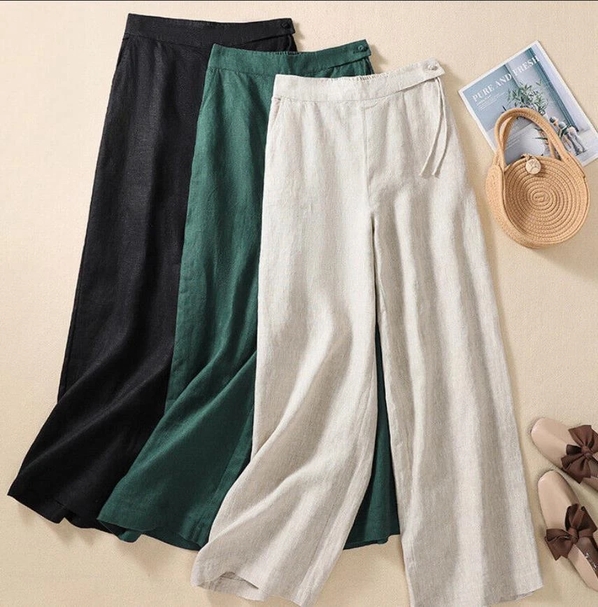 Womens Wide Leg Cotton Linen Pants Casual Loose Trouser Retro Elastic Waist New - Image 3 of 4