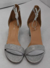 Top Moda Ankle Strap Chunky 2-1/2" Heel Silver Glitter Sandals Womens Size 8.5