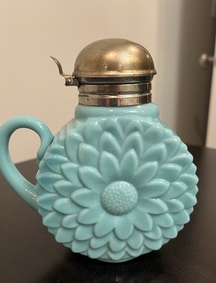 RARE Northwood Victorian Art Glass Syrup Flat Flower Pitcher Blue Opaline Jug