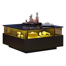 Wohnzimmertisch Couchtisch m/ LED Beleuchtung Beistelltisch 2 Schubladen Schwarz