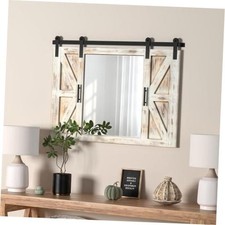 Farmhouse Barn Door Mirror - 37" x 26" Rustic Wood 26"L x 37"W Rustic White