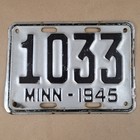 1945 Minnesota MN License Plate Low Number SHORTIE 7 5/8"x 5.5" MINN 1033 — photo 1