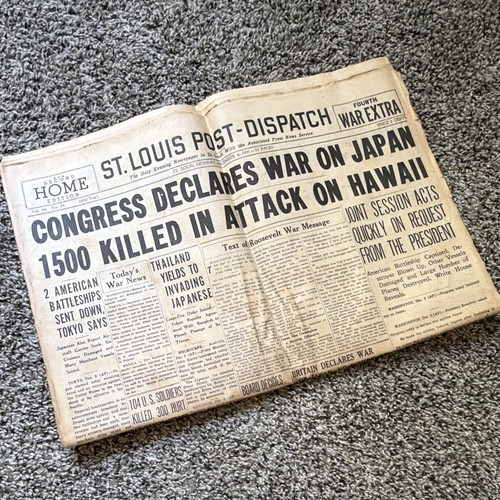 Pearl Harbor Newspaper Dec 8 1941 Congress Declares War On Japan WWII