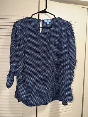 Cece Navy Blue Pindot Round Neck Keyhole Back Short Puff Sleeves Women s Large