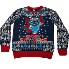 Disney Stitch Merry Stitchmas Ugly Christmas Sweater Blue Red Size L Unisex NWT