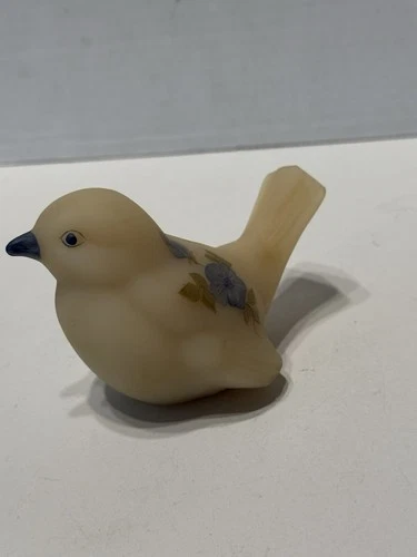 Vintage Fenton Custard Satin Bird Hand Crafted, Painted & Signed Artist