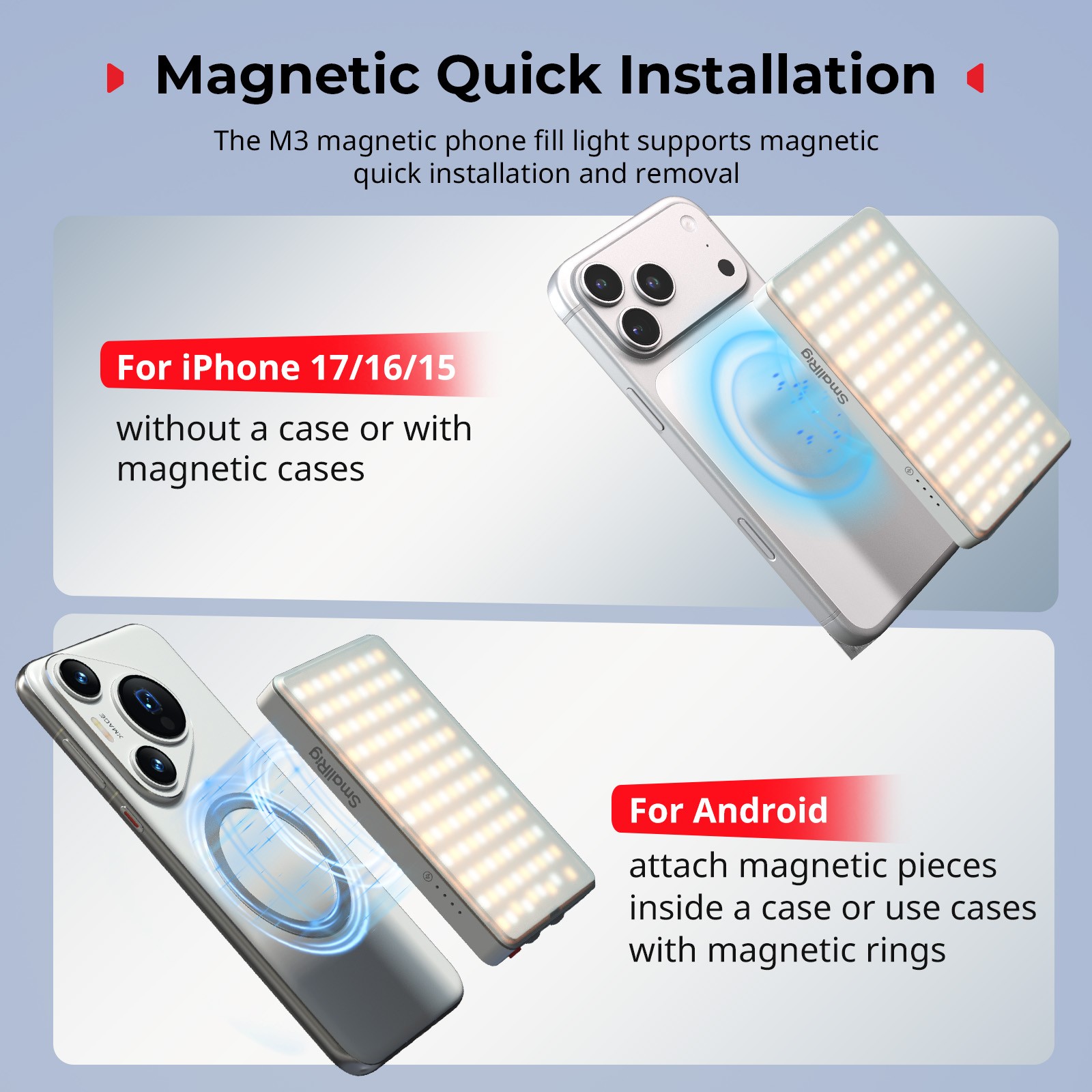 SmallRig M3 Magnetic Selfie Phone Light with Clip, 120 LEDs 2000mAh Rechargeable