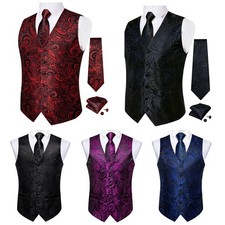 Mens Vintage Floral Jacquard Waistcoat Vest Tie Pocket Square Cufflinks Suit Set