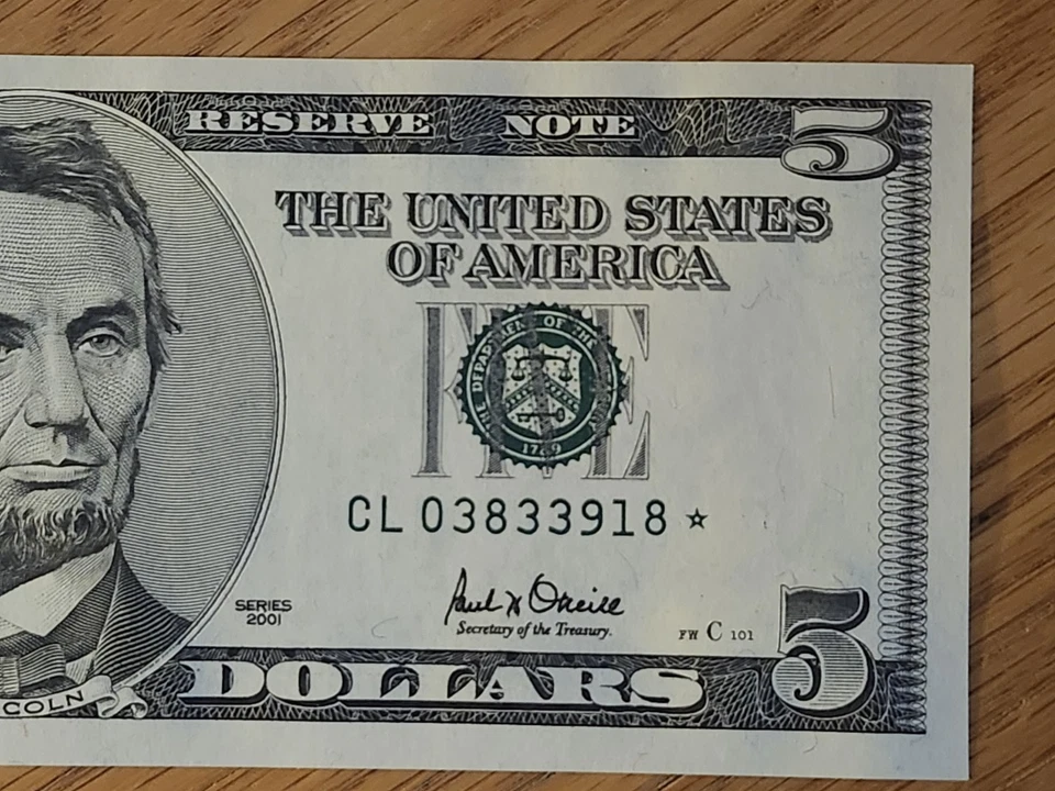 2001 $5 "STAR NOTE" UNC/GEM SAN FRANCISCO CL03833918* 2 OF 3 CONS SERIAL NUMBERS - Image 4 of 4