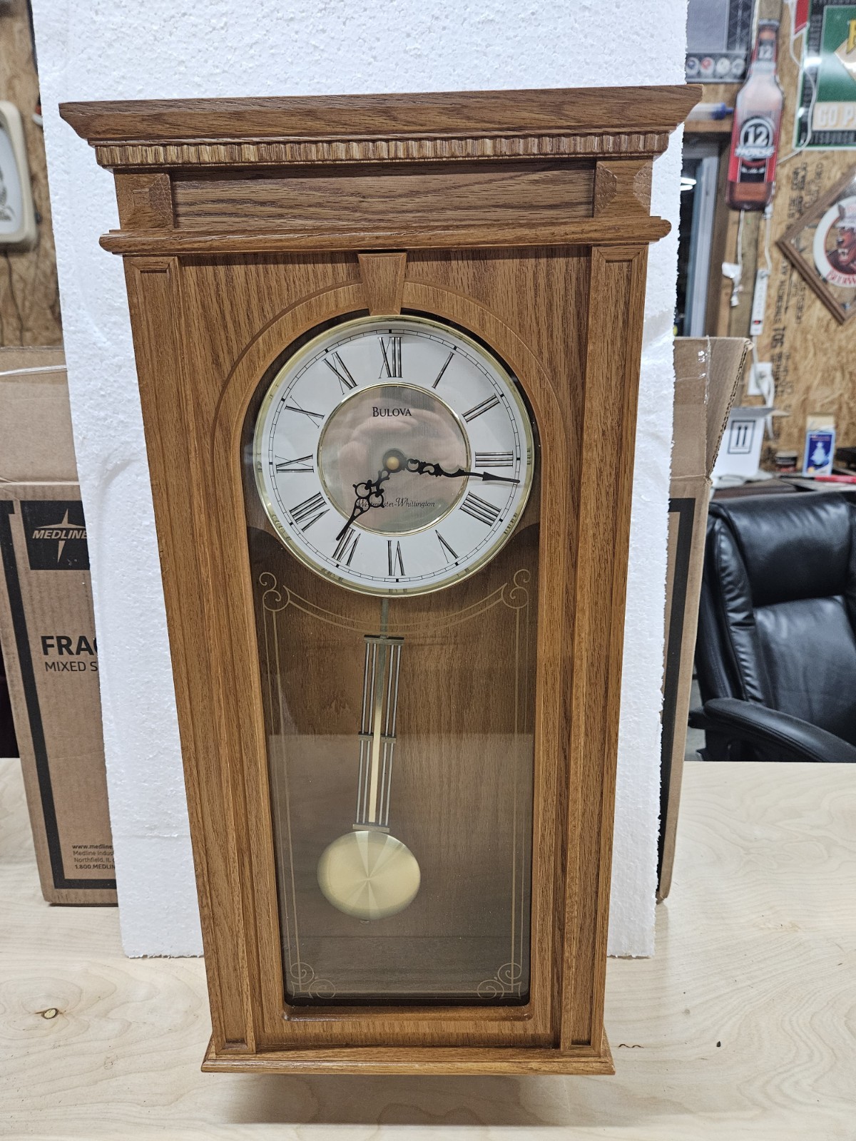 Bulova Classic Regulator Wall Clock Solid Oak Wood Case, Roman Numeral Glass.