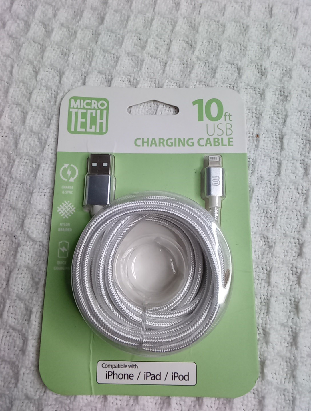 Micro Tech iPhone iPad iPod 10-ft Charging Cable  Nylon Braided White - NEW