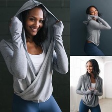 Zyia Active Haze Top Womens Medium Gray Heather Shawl Wrap Hooded Yoga Stretch