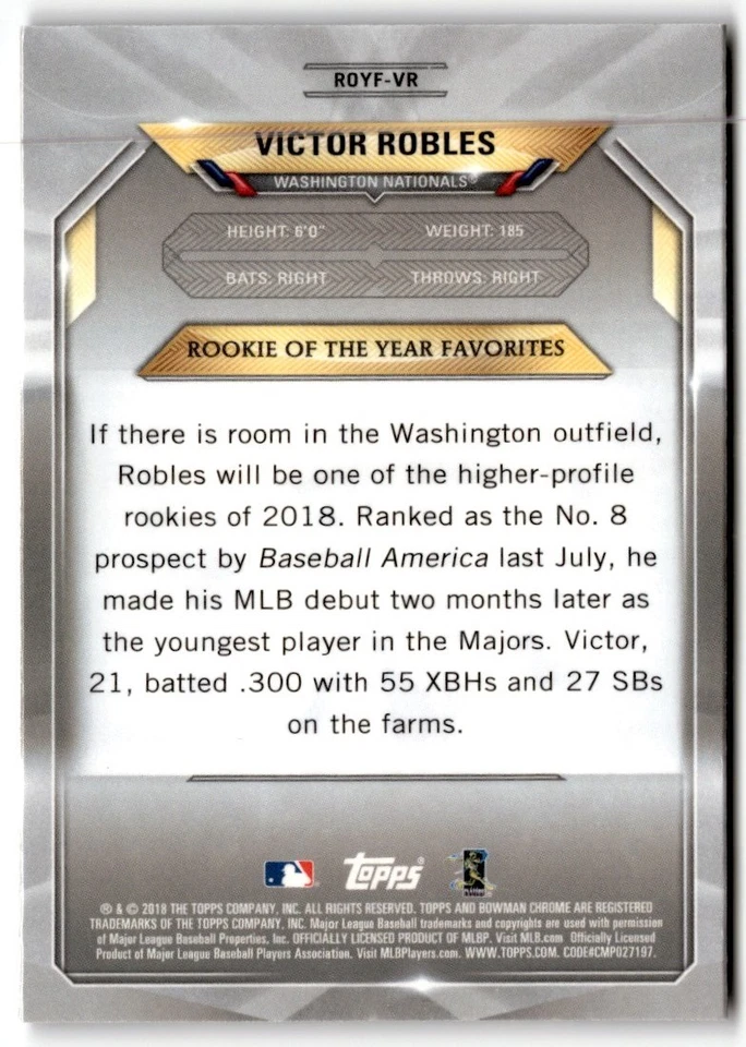 Victor Robles 2018 Bowman ROY Favorites #ROYF-VR Washington Nationals - Image 2 of 2
