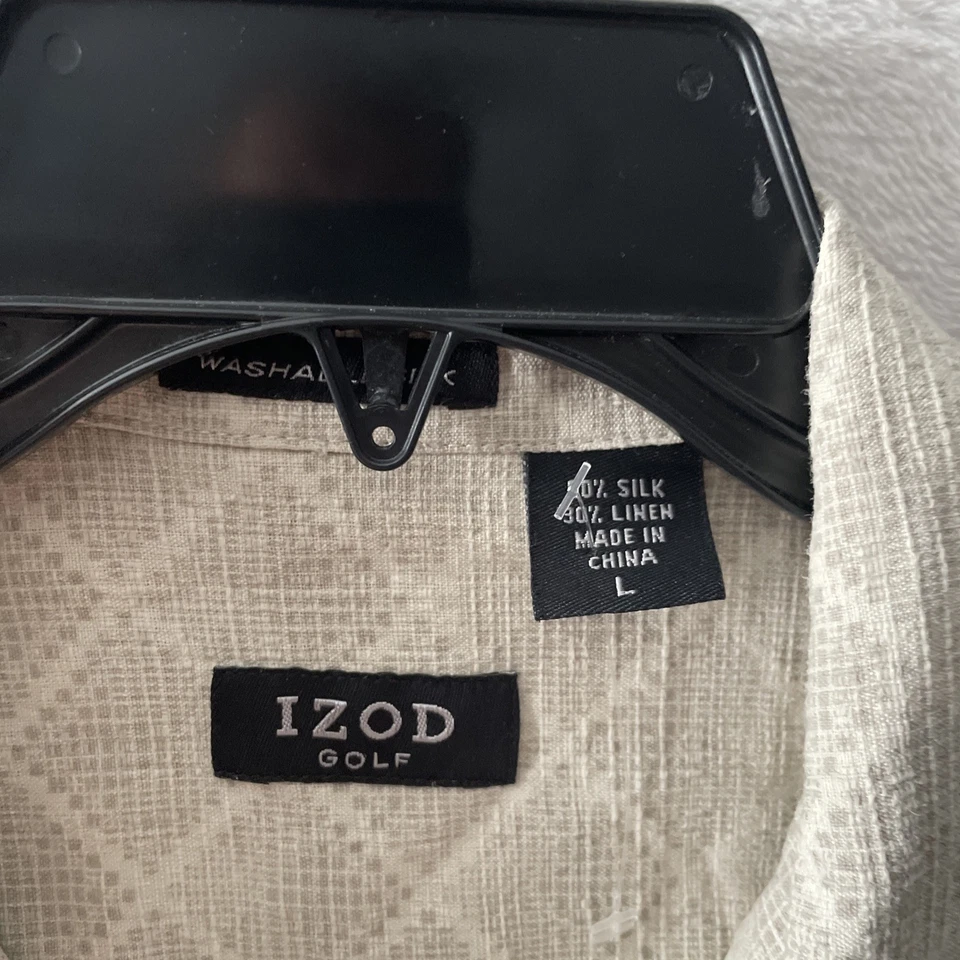 Izod 高尔夫男式 Hawiian 衬衫米色几何大号丝绸短袖领 — 第 3/4 张图片