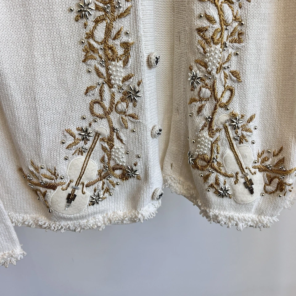 Cárdigan Suéter Vintage Cottagecore Talla M Lemon Grass Marfil Guitarra Cuello Peludo Foto 3 de 4