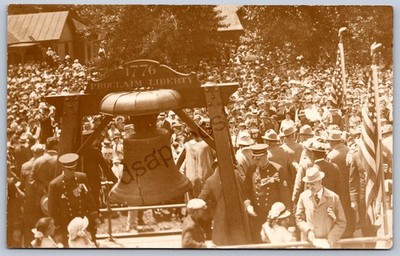 K42/ Lima Ohio RPPC Postcard c1910 Patriotic Liberty Bell Crowd Flags 347
