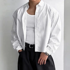 Mens Casual Korean Style Striped Cropped Shirt Long Sleeve For Daily Use