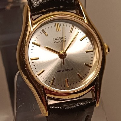 CASIO Woman's Wrist Watch LTP-1094 Gold Black Leather Strap 24mm New Battery 
