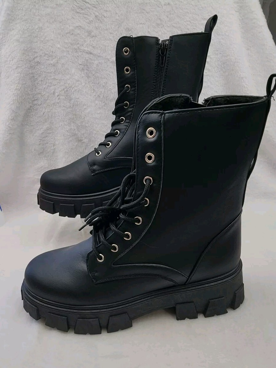 Olivia Miller Combat boots Size Black Lug Sole Lace Up with Side Zipper  NEW