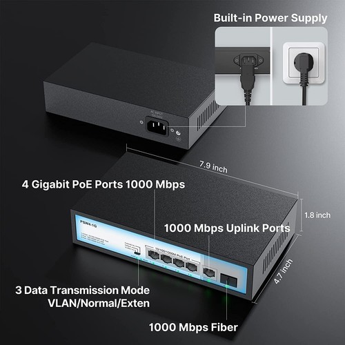 4 Port Gigabit PoE Switch w/ 1 Gigabit Uplink, Extend Mode Output 65W 803.af/at - Picture 2 of 7