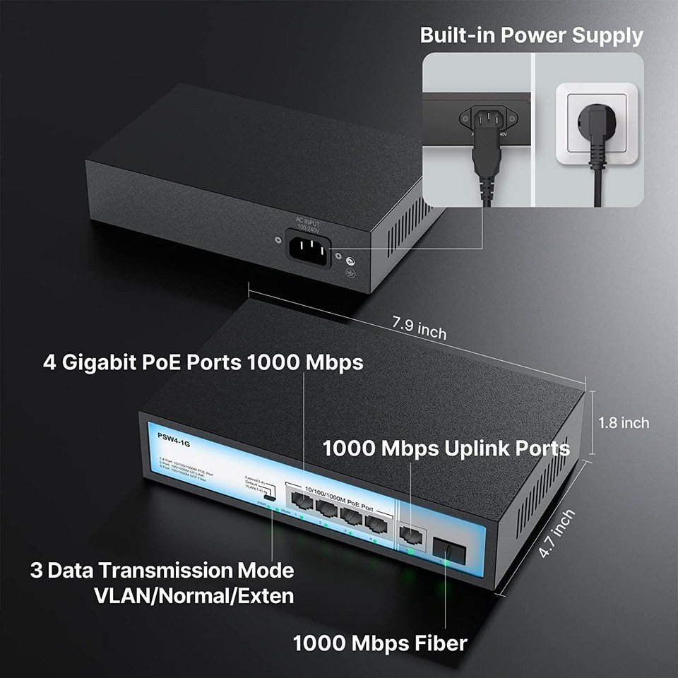 4 Port Gigabit PoE Switch w/ 1 Gigabit Uplink, Extend Mode Output 65W ...