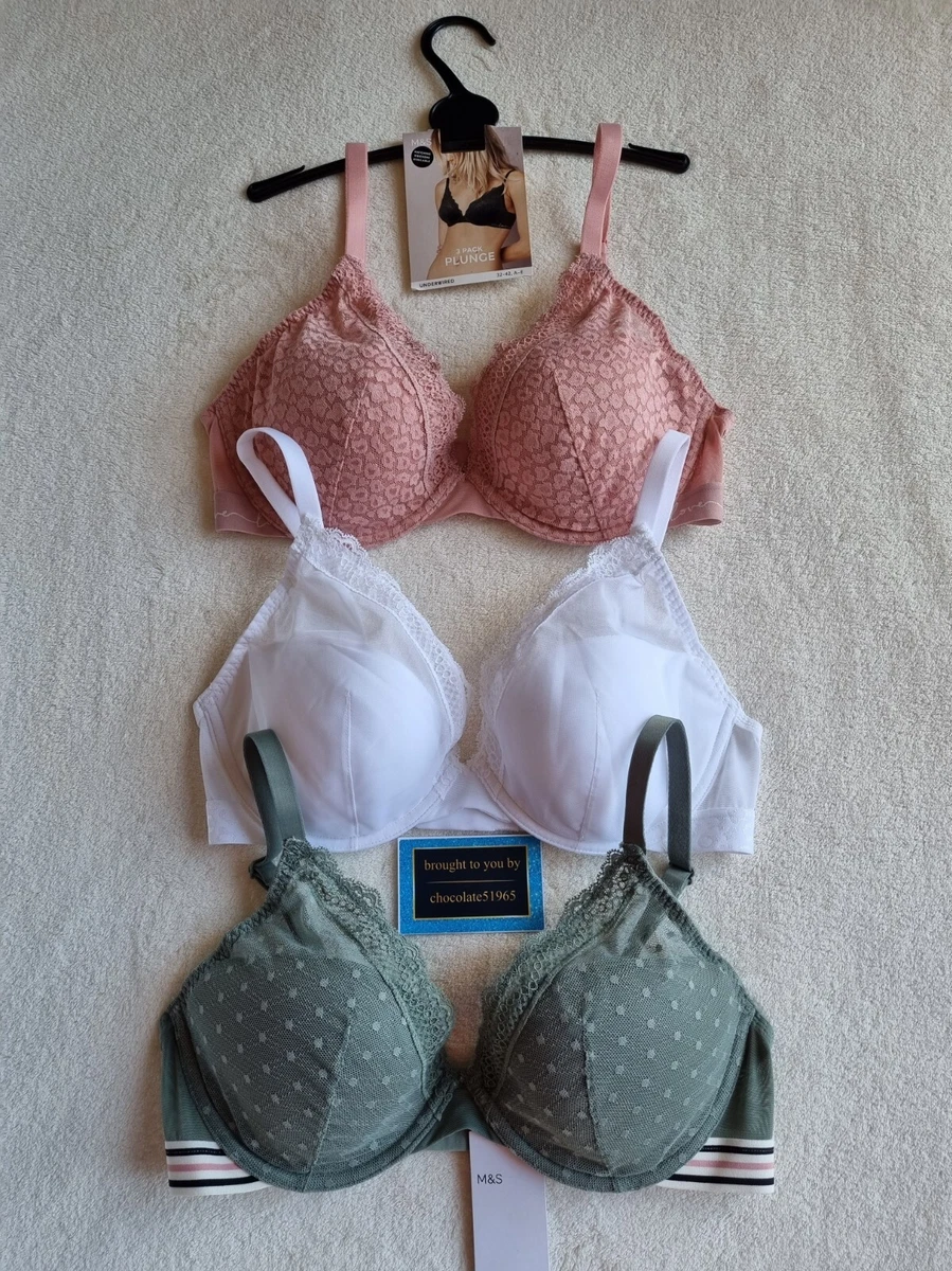 NEW M&S - 3 PACK UNDERWIRED HIGH APEX PLUNGE BRAS SIZE 34D in ANTIQUE ROSE  MIX