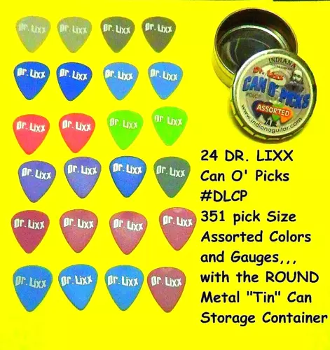 24 Guitar Picks ASSORTED gauges In Tin Box, ROUND Pick Case BOX, DR. LIXX PICKS