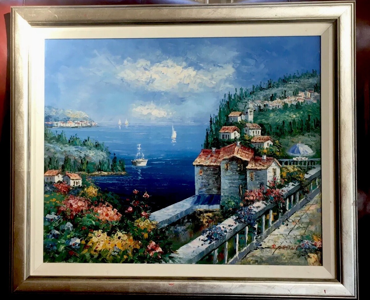 Beautiful Signed Original Rossini Oil Painting Of Italy Coastal