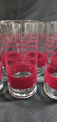 Vintage Set of 8 Libbey Red Clear Striped Glasses 16 Oz Cooler Drinking NEW MCM